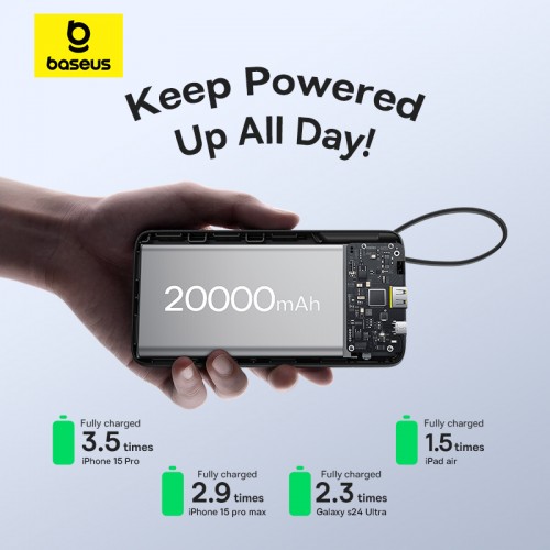 Зовнішній акумулятор Baseus Bipow 2 Digital Display Power Bank With Built-in USB-C Cable 20000mah 20W Cluster Black