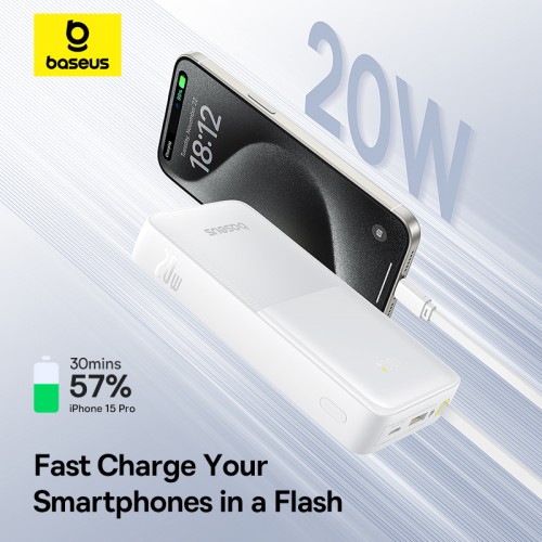 Зовнішній акумулятор Baseus Bipow 2 Digital Display Power Bank With Built-in USB-C Cable 20000mah 20W Moon White