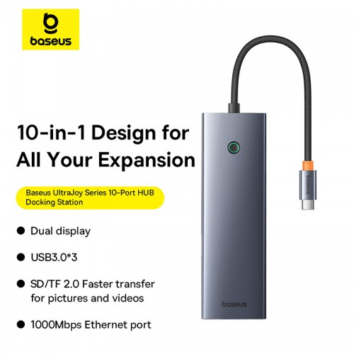 USB-хаб Baseus серии UltraJoy, док-станция HUB с 10 портами, серый космос (Type-C → HDMI 4K@60Hz*1 + VGA*1 + USB 3.0*3 + PD*1 + RJ45*1 + SD/TF*1 + 3.5 мм*1)