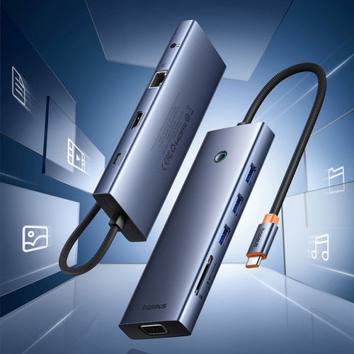 USB-хаб Baseus серии UltraJoy, док-станция HUB с 10 портами, серый космос (Type-C → HDMI 4K@60Hz*1 + VGA*1 + USB 3.0*3 + PD*1 + RJ45*1 + SD/TF*1 + 3.5 мм*1)