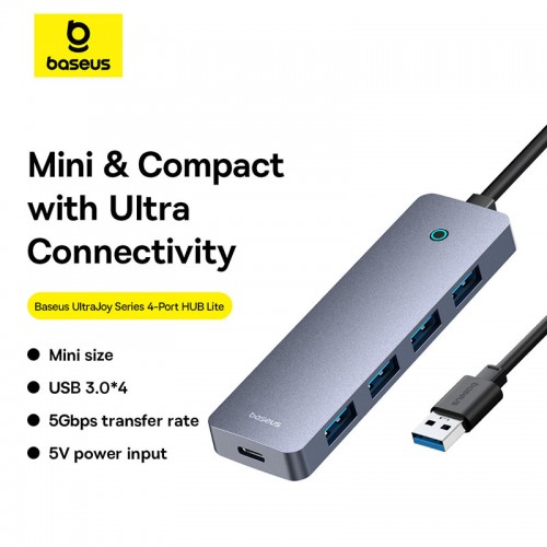 USB-хаб Baseus серии UltraJoy, 4-портовый HUB Lite, 50 см, «Космический серый»（USB-A на USB 3.0*4 + Type-C 5V）