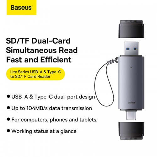 USB-хаб Baseus Lite Series USB-A и Type-C для чтения карт SD/TF, серый