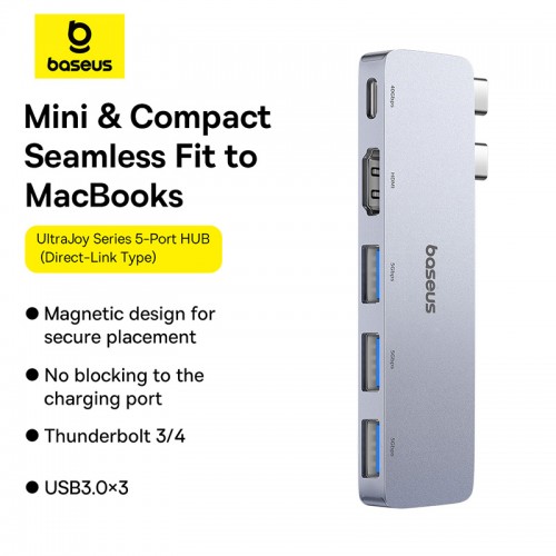 USB-хаб Baseus UltraJoy серии 5-портовый HUB Space Grey (USB-C*2 на USB-C 40 Гбит/с*1+HDMI 4K@30 Гц*1+USB 3.0*3)