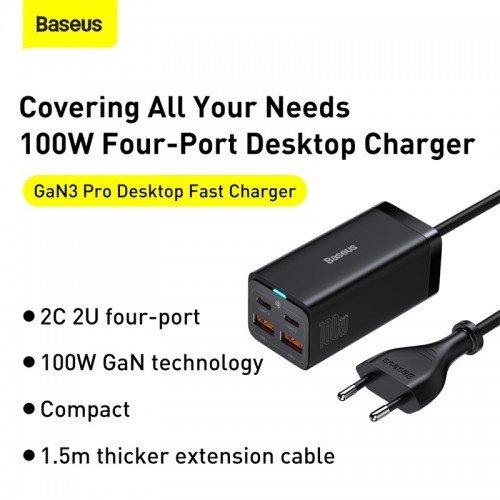 Мережевий зарядний пристрій Baseus GaN3 Pro Desktop Fast Charger 2U+2C 100W EU Black