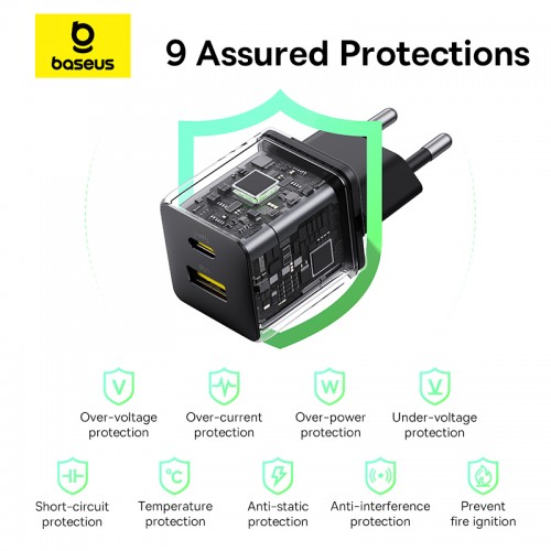 Сетевое зарядное устройство с кабелем Baseus Palm Fast Charger C+U 30W EU Cluster Black (с кабелем Baseus Mini White USB-C — USB-C 60W (20V/3A) 1 м)