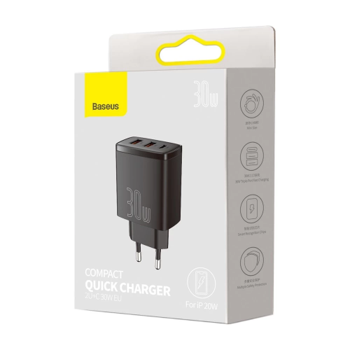 Сетевое зарядное устройство Baseus Compact Quick Charger 2U+C 30W EU Black