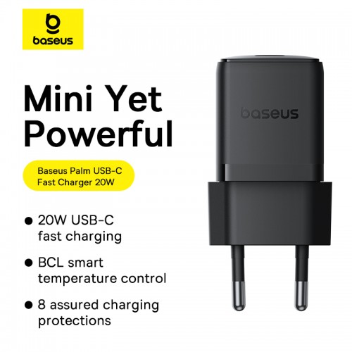 Сетевое зарядное устройство с кабелем Baseus Palm Fast Charger 1C 20W EU Cosmic Black, комплект USB-C to iP 20W 1 м