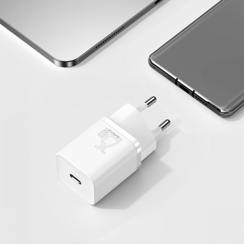 Сетевое зарядное устройство с кабелем Baseus Super Si Quick Charger 1C 25W EU Sets White（Mini White Cable Type-C to Type-C 3A 1m White）