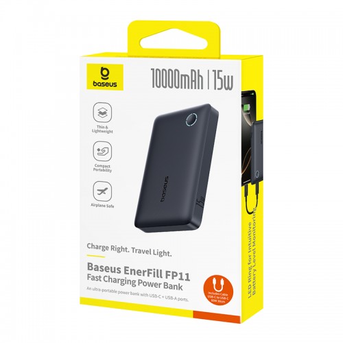 Зовнішній акумулятор Baseus EnerFill FP11 Power Bank 10000mAh 15W Cosmic Black (Includes Simple Type-C to Type-C Cable 20V/3A 30cm Black)