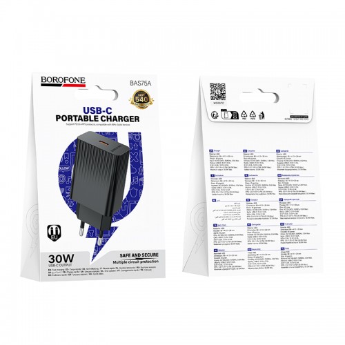 Сетевое зарядное устройство BOROFONE BAS75A Source однопортовое PD30W зарядное устройство Черное