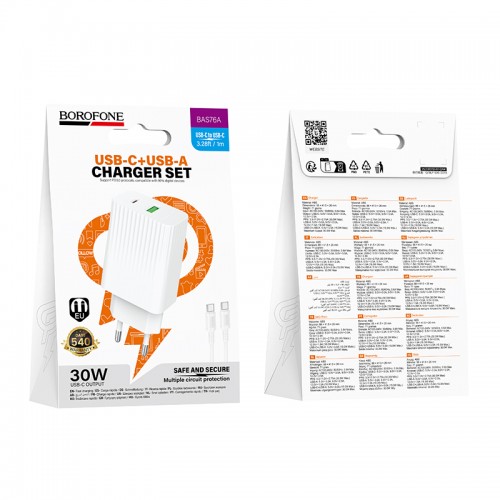 Сетевое зарядное устройство BOROFONE BAS76A Source PD30W+QC3.0, комплект зарядного устройства (C — C), белый