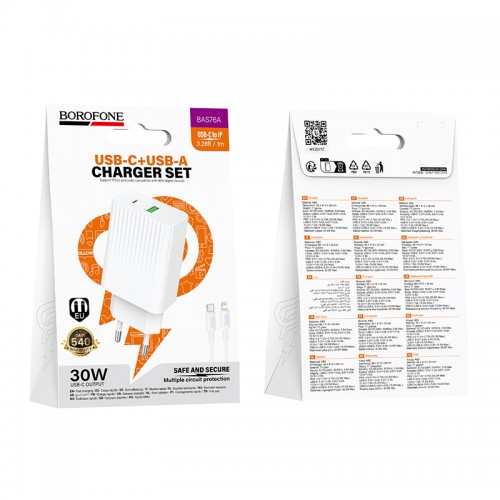 Сетевое зарядное устройство BOROFONE BAS76A Source PD30W+QC3.0, комплект зарядного устройства (C to iP), белый