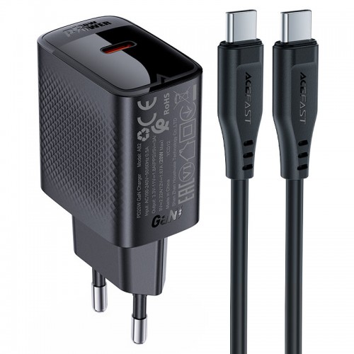 Сетевое зарядное устройство с кабелем ACEFAST A82 PD20W GaN single USB-C charger set (P5) (EU) Черный