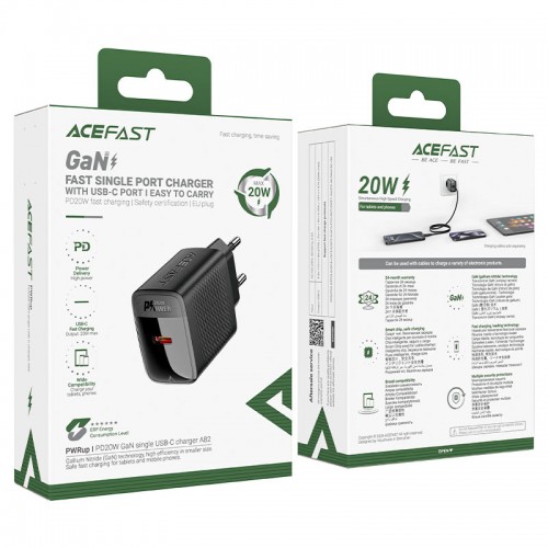 Сетевое зарядное устройство с кабелем ACEFAST A82 PD20W GaN single USB-C charger set (P5) (EU) Черный