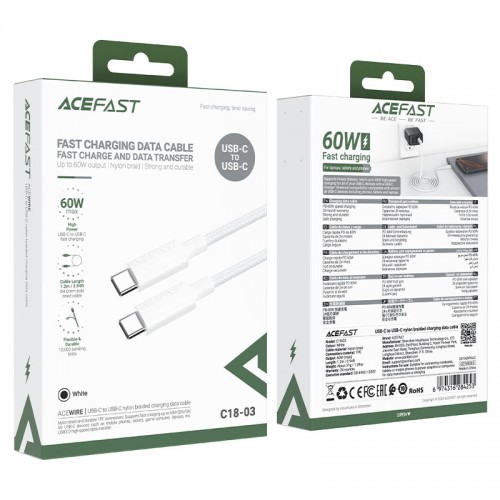 Кабель ACEFAST C18-03 USB-C to USB-C braid charging data cable White