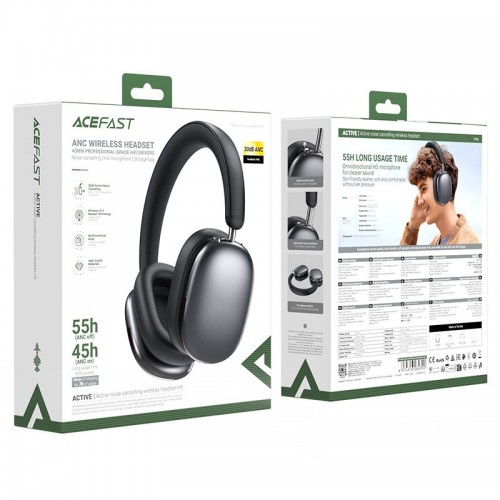 Бездротові накладні навушники ACEFAST H9 active noise cancelling wireless headset, ANC, Gray