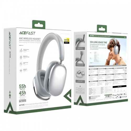Бездротові накладні навушники ACEFAST H9 active noise cancelling wireless headset, ANC, Silver
