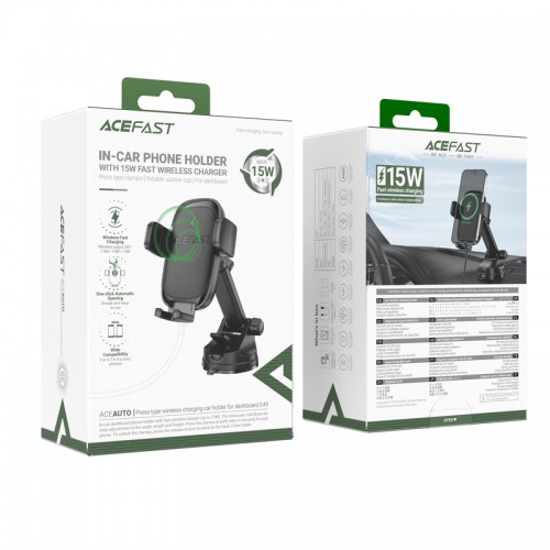 Автодержатель для телефона с БЗП ACEFAST D49 press type wireless charging car holder for dashboard Black