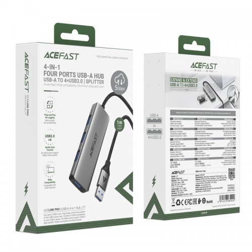 USB-хаб ACEFAST J17 USB-A  4-in-1 HUB Metal Gray
