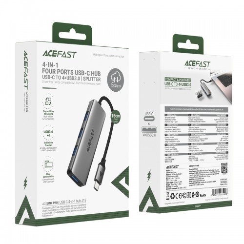 USB-хаб ACEFAST J15 USB-C 4-в-1 HUB Металлический серый