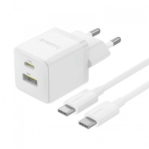 Сетевое зарядное устройство с кабелем Baseus Palm Fast Charger C+U 30W EU Moon White (с USB-C на USB-C 60W (20V/3A) 1 м Moon White)