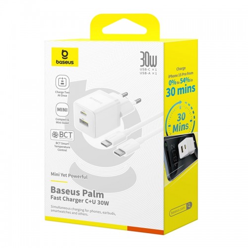 Сетевое зарядное устройство с кабелем Baseus Palm Fast Charger C+U 30W EU Moon White (с USB-C на USB-C 60W (20V/3A) 1 м Moon White)