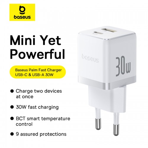 Сетевое зарядное устройство с кабелем Baseus Palm Fast Charger C+U 30W EU Moon White (с USB-C на USB-C 60W (20V/3A) 1 м Moon White)