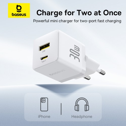 Сетевое зарядное устройство с кабелем Baseus Palm Fast Charger C+U 30W EU Moon White (с USB-C на USB-C 60W (20V/3A) 1 м Moon White)