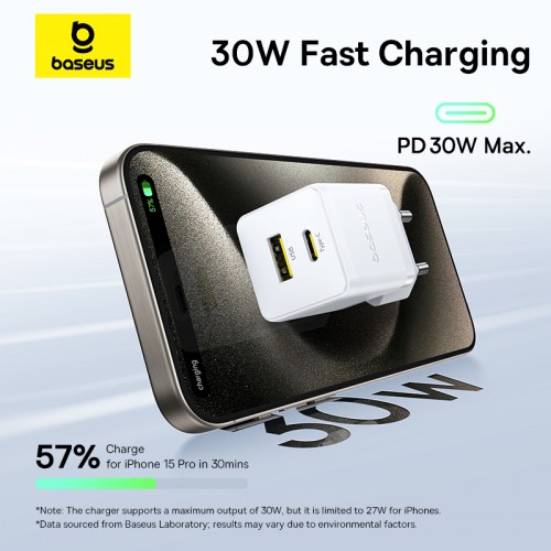 Сетевое зарядное устройство с кабелем Baseus Palm Fast Charger C+U 30W EU Moon White (с USB-C на USB-C 60W (20V/3A) 1 м Moon White)