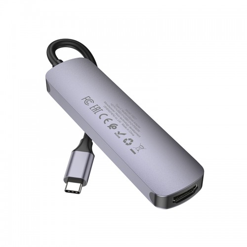 USB-хаб HOCO HB27 Type-C многофункциональный конвертер (HDTV+USB3.0+USB2.0*2+PD) металлический серый