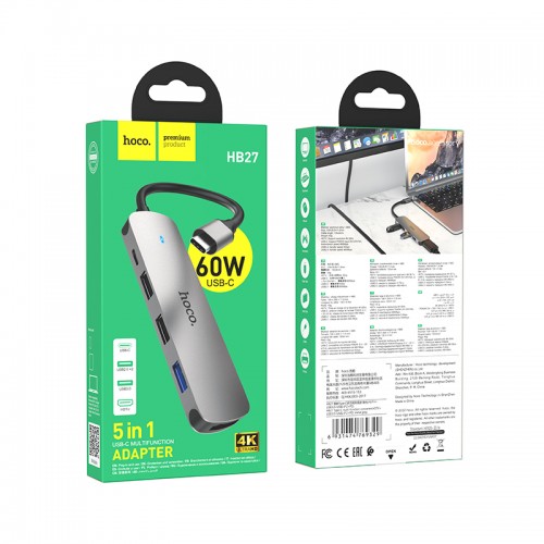 USB-хаб HOCO HB27 Type-C многофункциональный конвертер (HDTV+USB3.0+USB2.0*2+PD) металлический серый