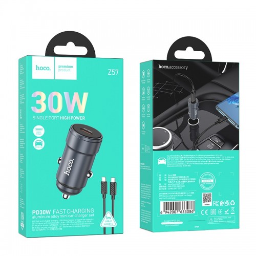 Автомобильное зарядное устройство HOCO Z57 Glorious однопортовое PD30W, комплект автомобильного зарядного устройства (C to C) Metal Gray