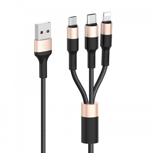 Кабель HOCO X26 USB – iP+Type-C+Micro, 2A, 1 м, нейлон, алюминиевые коннекторы, чёрный+золотой