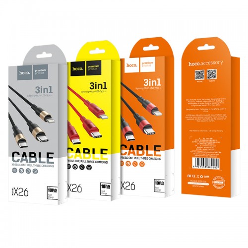 Кабель HOCO X26 USB – iP+Type-C+Micro, 2A, 1 м, нейлон, алюминиевые коннекторы, чёрный+золотой