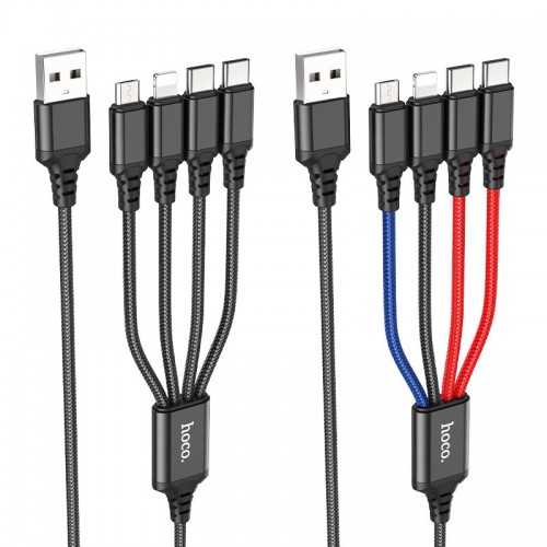 Кабель HOCO X76 USB на iP+Type-C+Type-C+Micro 2A, 1 м, нейлон, алюминиевые коннекторы Черный+Красный+Синий
