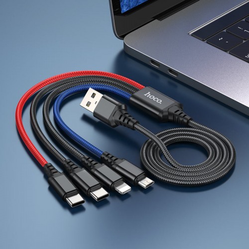 Кабель HOCO X76 USB на iP+Type-C+Type-C+Micro 2A, 1 м, нейлон, алюминиевые коннекторы Черный+Красный+Синий