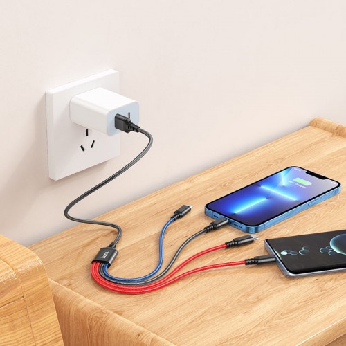 Кабель HOCO X76 USB на iP+Type-C+Type-C+Micro 2A, 1 м, нейлон, алюминиевые коннекторы Черный+Красный+Синий