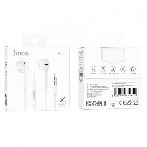 Наушники HOCO M101 Crystal joy проводные наушники с управлением на кабеле с микрофоном, белые