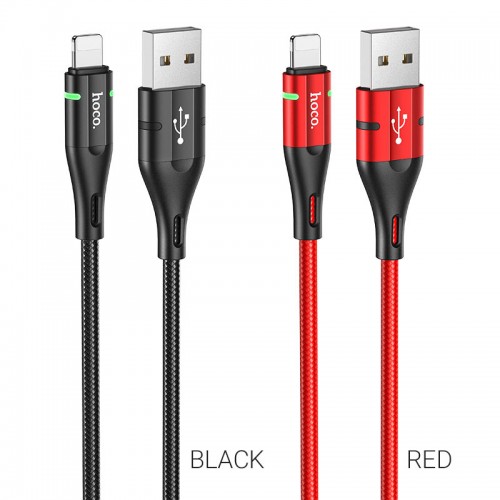 Кабель HOCO U93 USB to iP 2.4A, 1.2 м, нейлон, алюминиевые коннекторы, световой индикатор, чёрный
