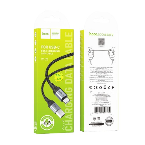 Кабель HOCO X102 USB to Type-C 3A, 1m, nylon, aluminum connectors, Black