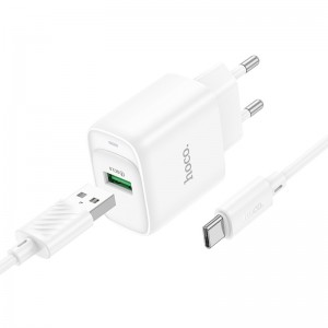 Мережевий зарядний пристрій з кабелем HOCO C140A Smart single port QC3.0 charger set (Type-C)(EU) White