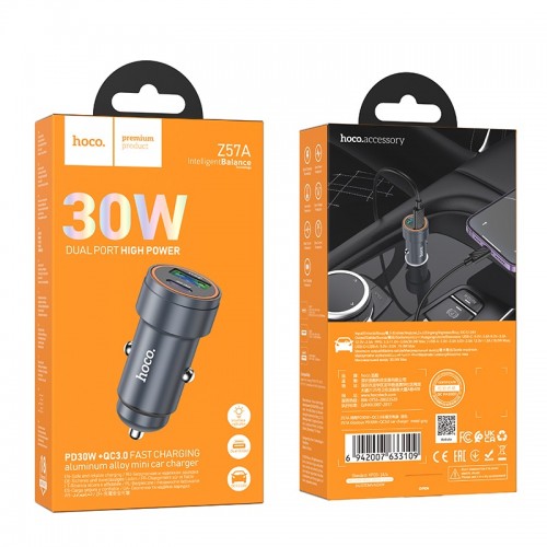 Автомобильное зарядное устройство HOCO Z57A Glorious PD30W+QC3.0 car charger Metal Gray