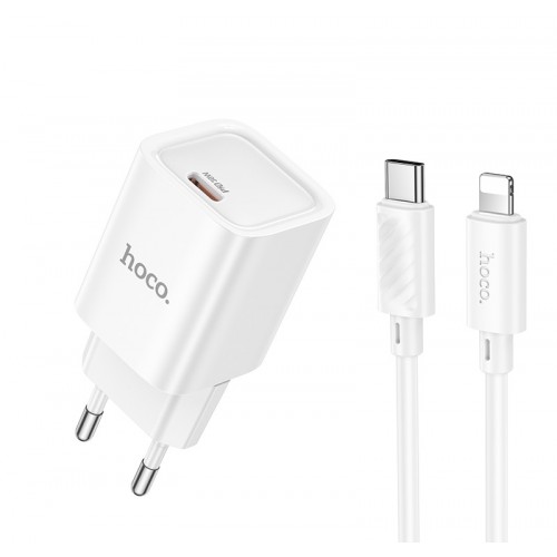 Сетевое зарядное устройство с кабелем HOCO C148A Charm, однопортовый комплект зарядки PD30W (C to iP) (EU), белый