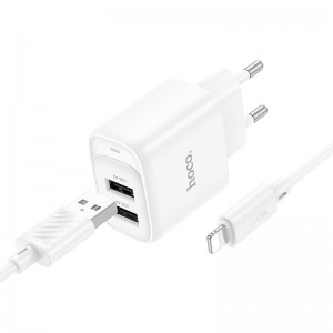 Мережевий зарядний пристрій з кабелем HOCO C141A Smart dual-port charger set(iP) White