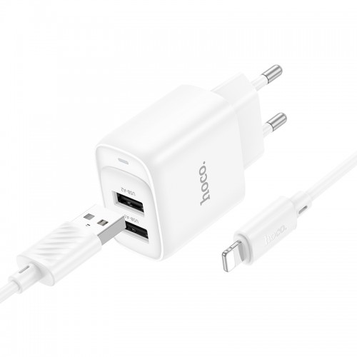 Мережевий зарядний пристрій з кабелем HOCO C141A Smart dual-port charger set(iP) White