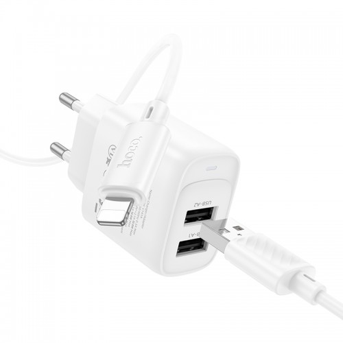 Мережевий зарядний пристрій з кабелем HOCO C141A Smart dual-port charger set(iP) White