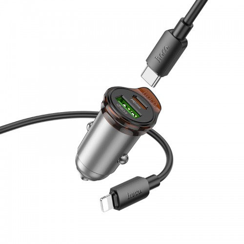 Автомобильное зарядное устройство HOCO NZ16A Rigorous 43W, двухпортовый комплект автомобильного зарядного устройства PD25W+QC3.0 (C to iP), Metal Grey