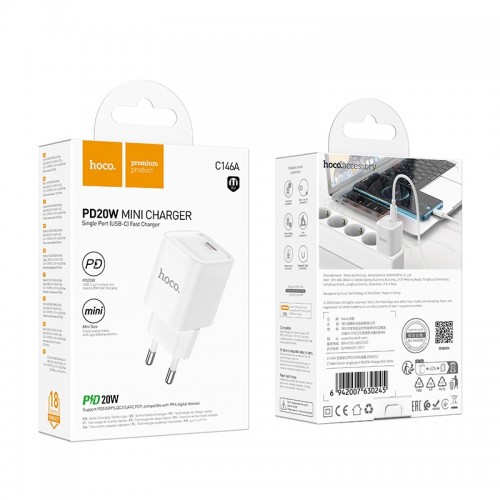 Сетевое зарядное устройство HOCO C146A Charm с одним портом PD20W (EU), белое