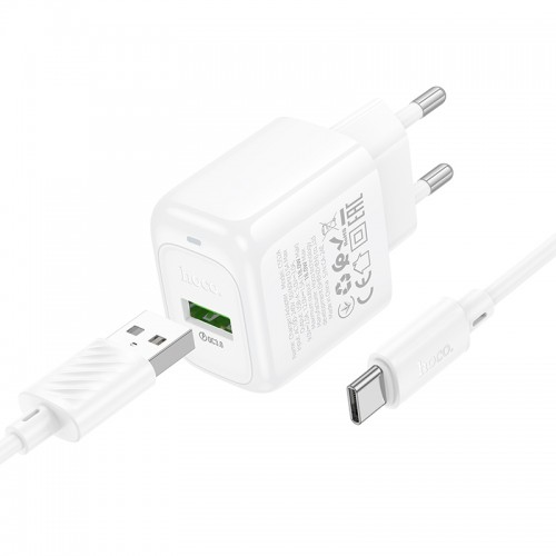 Сетевое зарядное устройство с кабелем HOCO CS52A Surplus, однопортовый комплект зарядного устройства QC3.0 (Type-C), белый