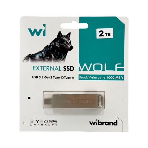 Портативный SSD Wibrand Wolf 2 ТБ USB 3.2 Gen.2 Type-C/Type-A чтение/запись 1000 МБ/с, серебристый
